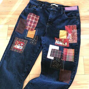 Upcycled Patchwork Jeans: Boho Distressed Denim with Puppies, Size 12 Short